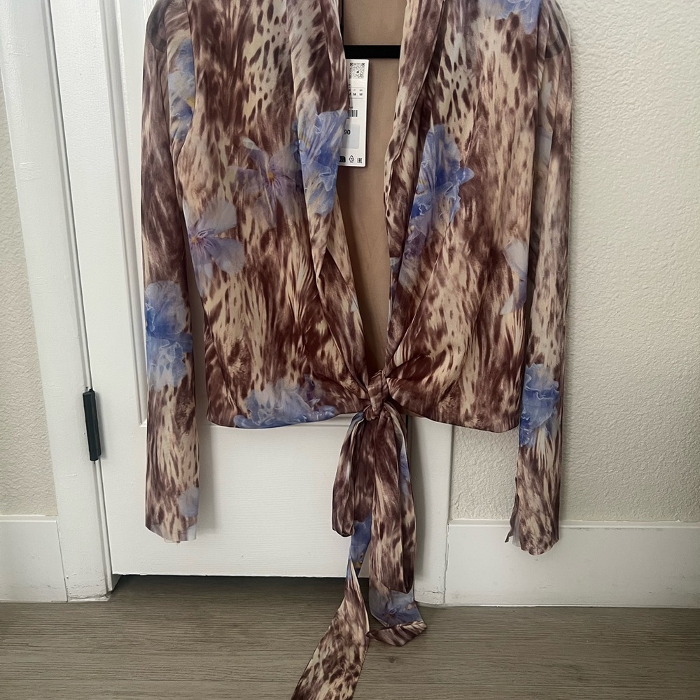 Zara Brown and Blue Tie-Front Blouse